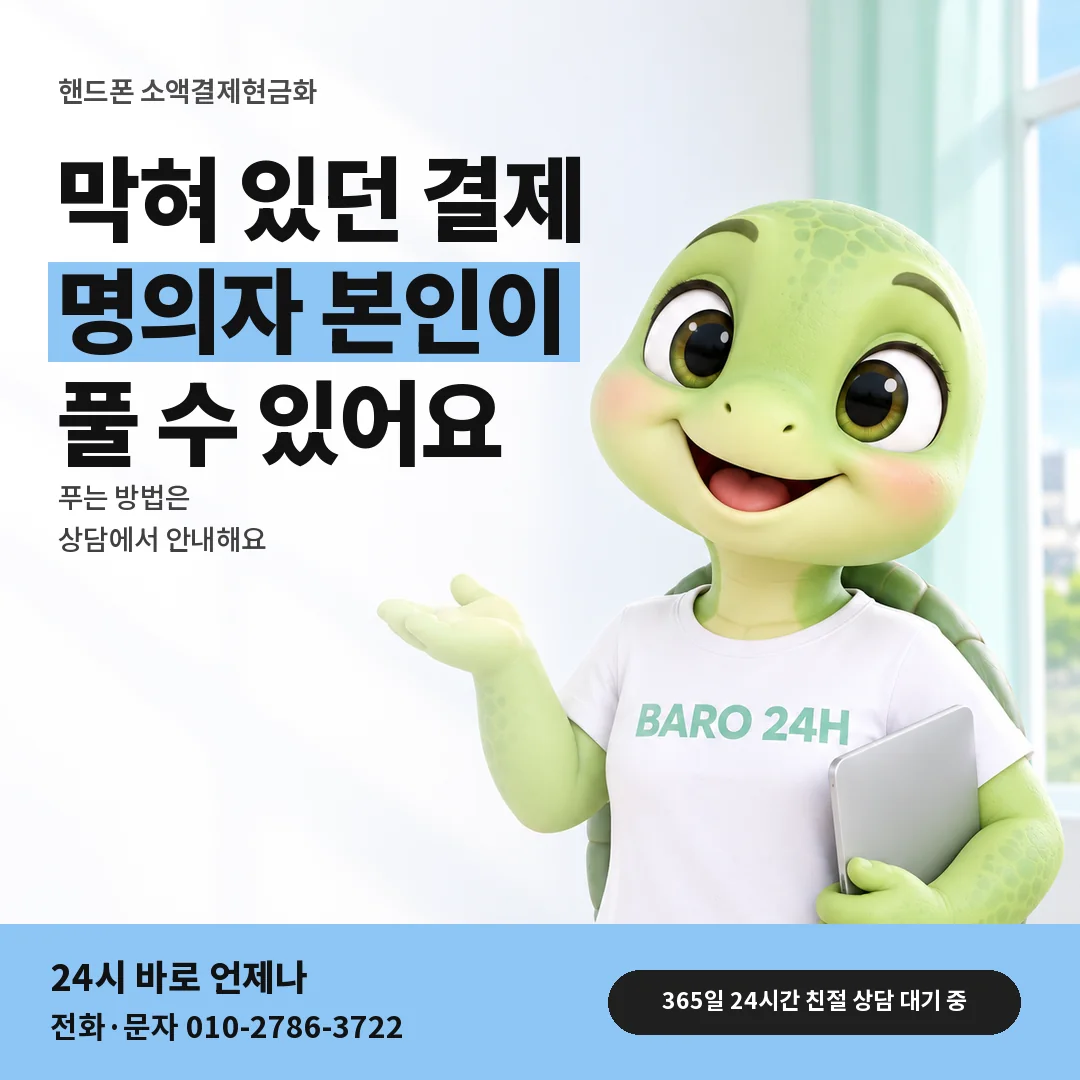 BARO 24H 티셔츠를 입은 3D 거북이 캐릭터 옆에 「핸드폰 결제 차단 풀기」 제목을 얹은 안내 카드