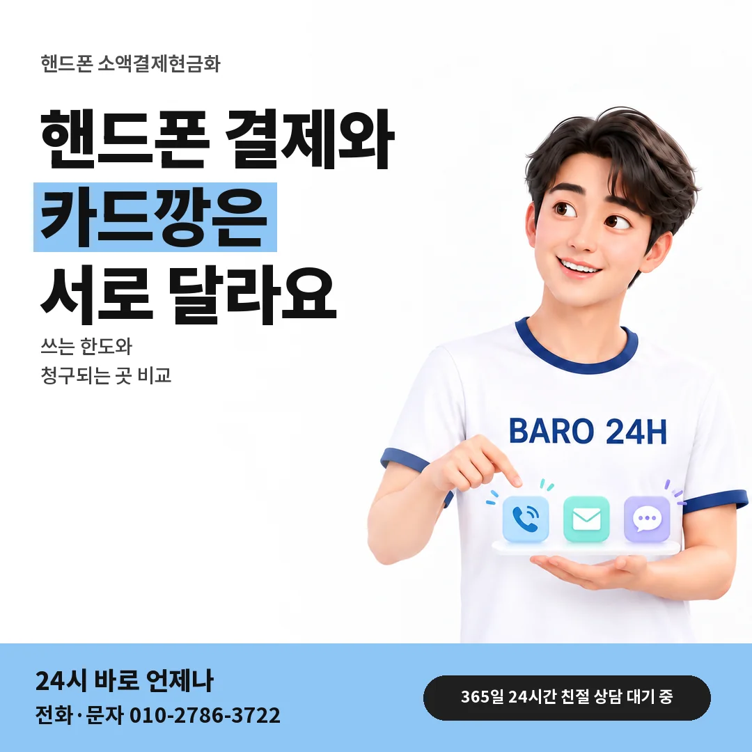 BARO 24H 티셔츠를 입은 3D 인물 옆에 「핸드폰 카드깡과 구분하기」 제목을 얹은 안내 카드